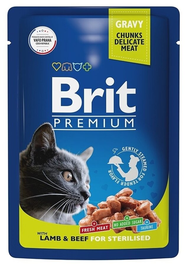 Корм Brit Premium Sterilised Lamb & Beef (в соусе) для стерилизованных кошек, ягненок и говядина, 85 г x 14 шт - фотография № 2