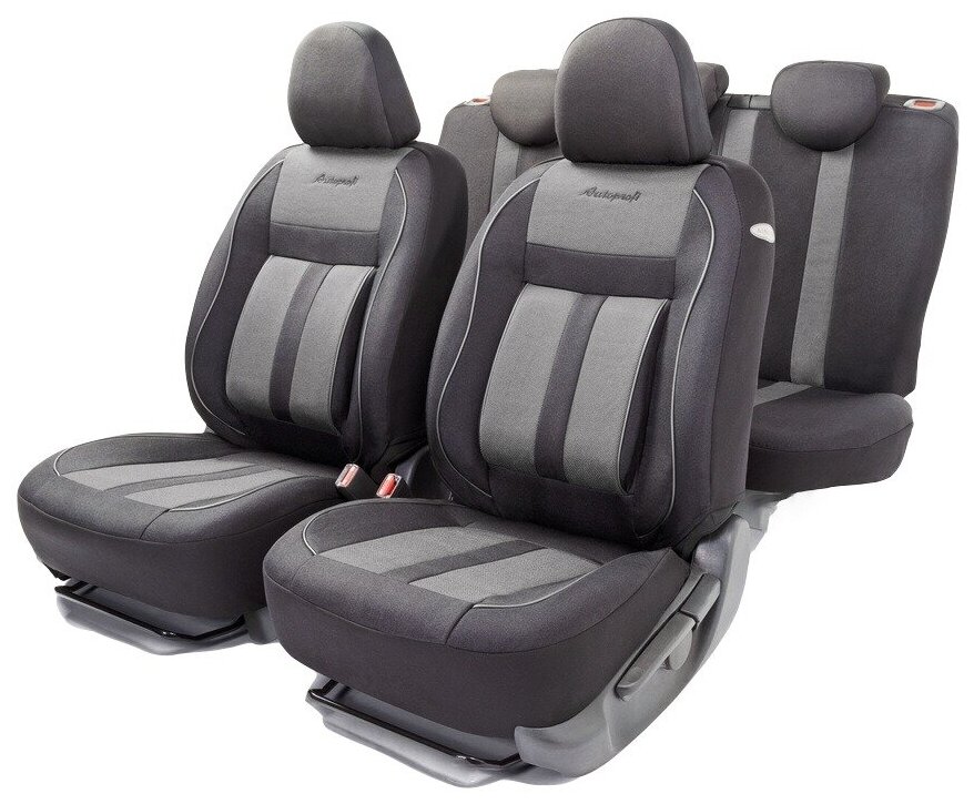 Авточехлы универсальные AUTOPROFI CUS-1505 BK/GY CUSHION COMFORT, эко-хлопок, 5 мм поролон, 3D крой, поясничный упор, 15 пред, чёрный/серый