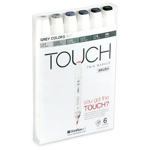 фото Художественный маркер touch набор маркеров спирт. двухсторонних "серые" touch brush shinhan art, 6цв.