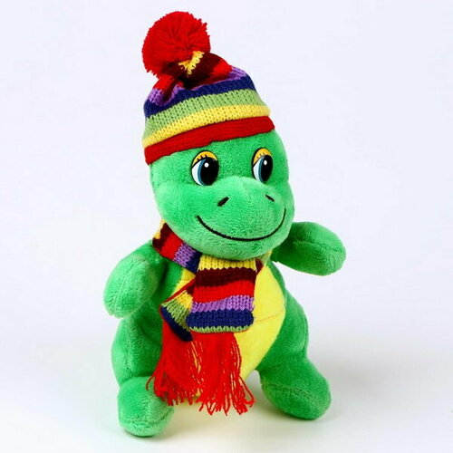 фото Мягкая игрушка "дракон", в разноцветной шапке и шарфе, 15 см, цвет зелёный сима-ленд