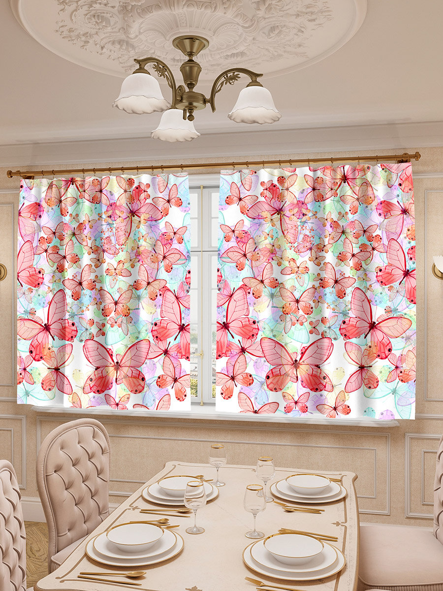 Фотошторы для кухни LeJoy Home из габардина "Розовые и голубые бабочки на белом фоне" 180х290 см. (2 шт. 145х180 см (каждая). - фотография № 1