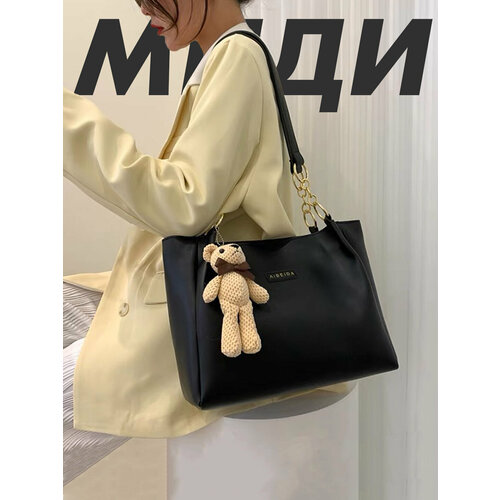 фото Сумка тоут миди, фактура бархатистая, черный