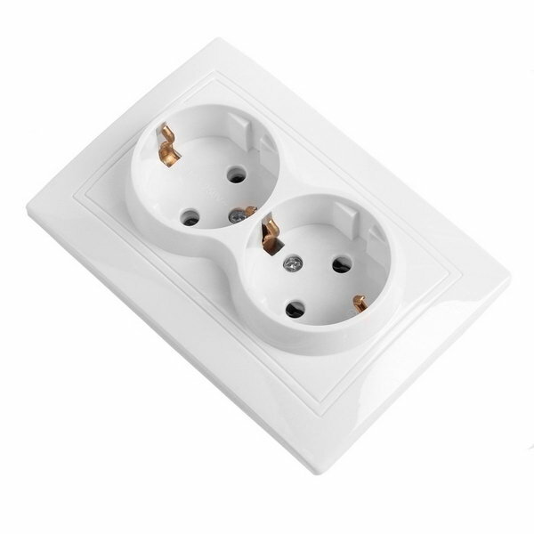 фото Розетка "Венера", двухместная, керамика, 16 А, с заземлением, белая