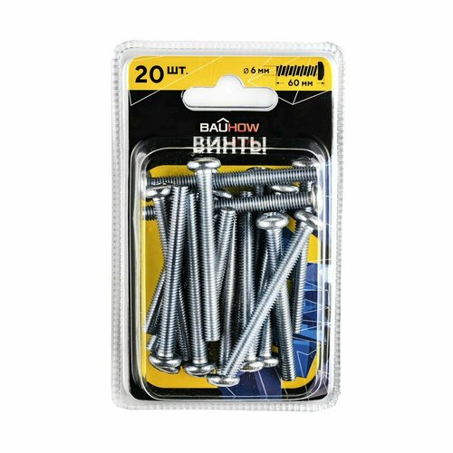 Винт DIN 7985 6х60 сталь 4,8 BAUHOW, оцинкованный PZ2 20шт в блистере