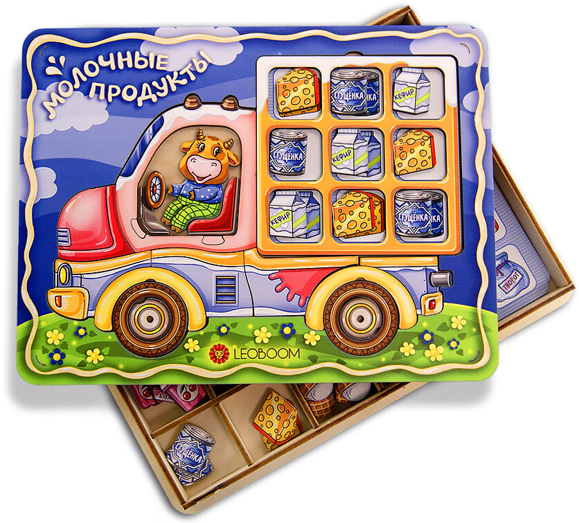 Деревянный пазл-рамка Smile Decor "Молоковоз", игра-головоломка для малышей на развитие мелкой моторики, логики и кругозора
