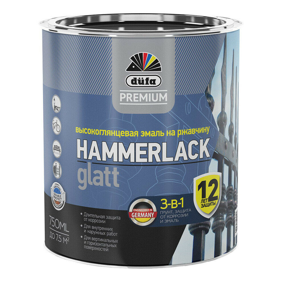 фото Грунт-эмаль по ржавчине 3в1 Dufa Hammerlack графитовая серая RAL 7024 глянцевая 0,75 л