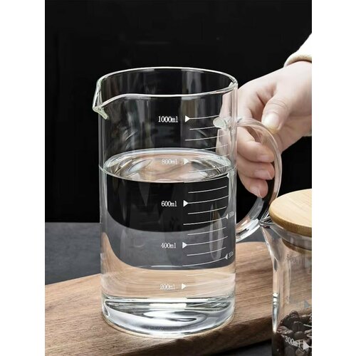 Мерный стакан для кухни 1л, молочник с бамбуковой крышкой, кружка мерная