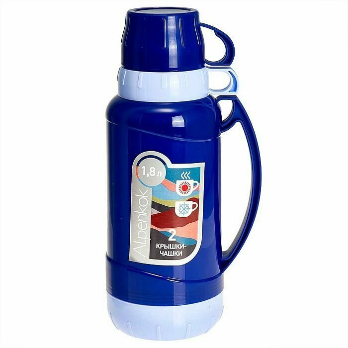 Термос Alpenkok AK 10105S  стеклянная колба  2 крышки чашки  объём 1 8 л  синий
