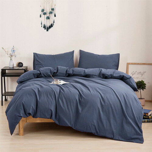 Изображение товара Однотонное постельное бельё, цвет Серо-синий, Евро, матовый сатин, 50x70
