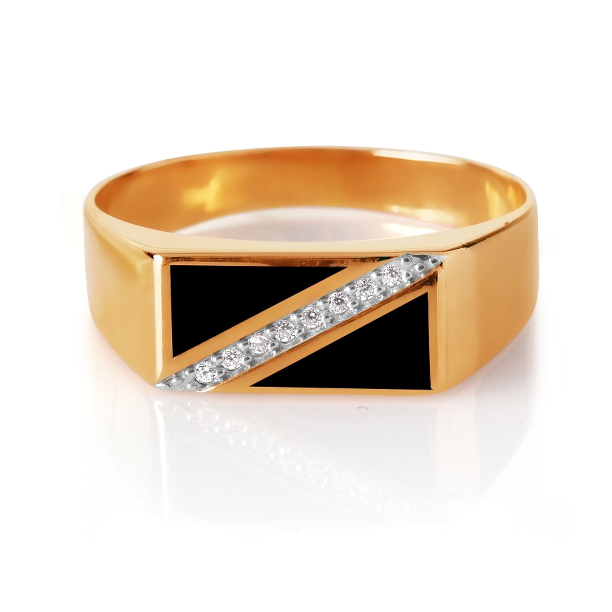 Печатка Diamant online, красное золото, 585 проба, фианит, эмаль, размер 21, прозрачный/черный — фото 1