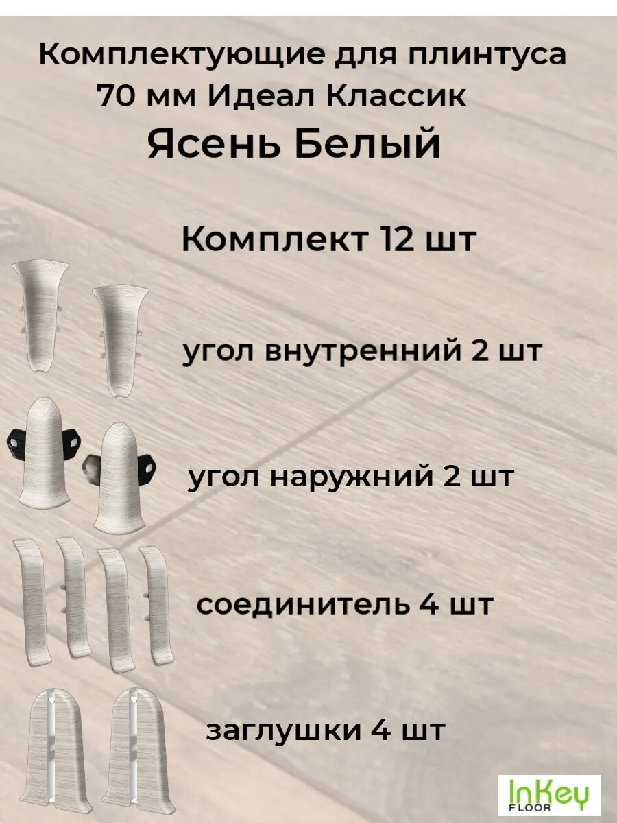 Комплектующие для плинтуса 70 мм цвет Ясень Белый