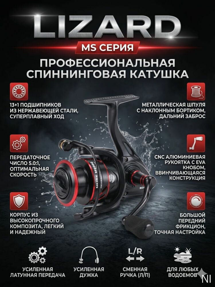 Катушка безынерционная Lizard MUSE MS4000 13+1 подшипников металлическая шпуля 5.0:1 для спиннинга