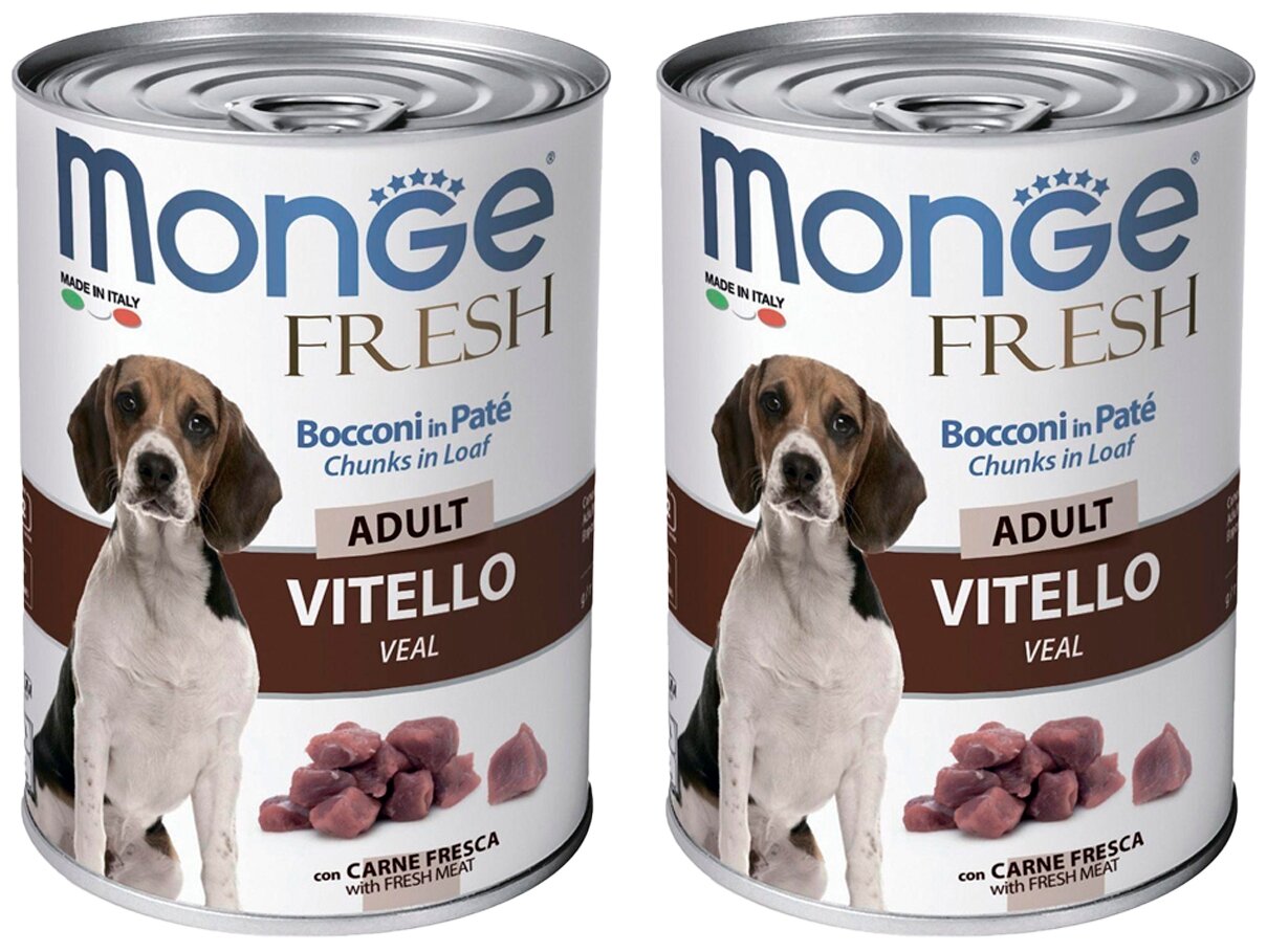 Влажный корм для собак Monge Fresh Chunks in Loaf Veal Adult, телятина, 2 шт. х 400 г