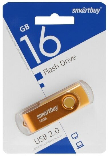 Smartbuy Флешка Smartbuy Twist, 16 Гб, USB 2.0, чт до 25 Мб/с, зап до 15 Мб/с, желтая