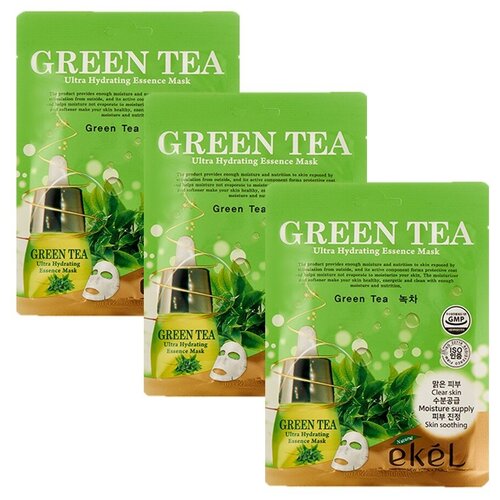 Тканевая маска для лица EKEL Green Tea с экстрактом зеленого чая, 3 шт апивита маска для лица экспресс бьюти тканевая упругость и лифтинг с мастикой саше 15мл