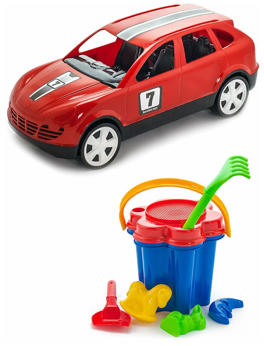 Игрушки для песочницы для снега Игрушка Детский автомобиль (Кроссовер) красный + Песочный набор Цветок