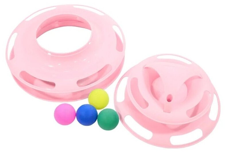 Игрушка для кошек Трек-башня с мячиками "Чистый котик" 25х18 см, розовая, пластик - фотография № 4