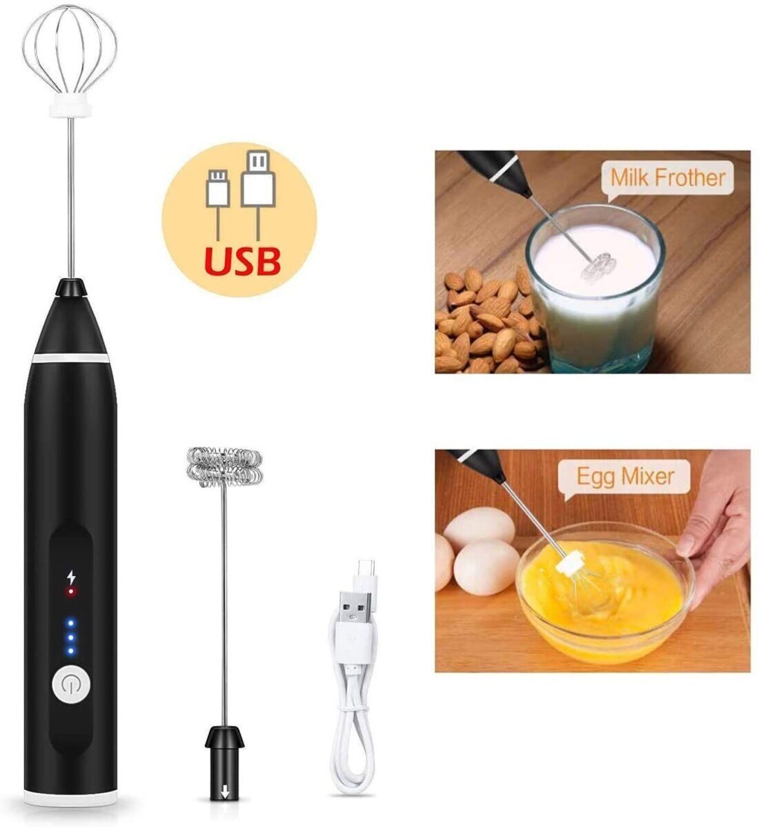 Мини-миксер ручной USB Speed Adjustable Milk Frother / Капучинатор/с двумя венчиками