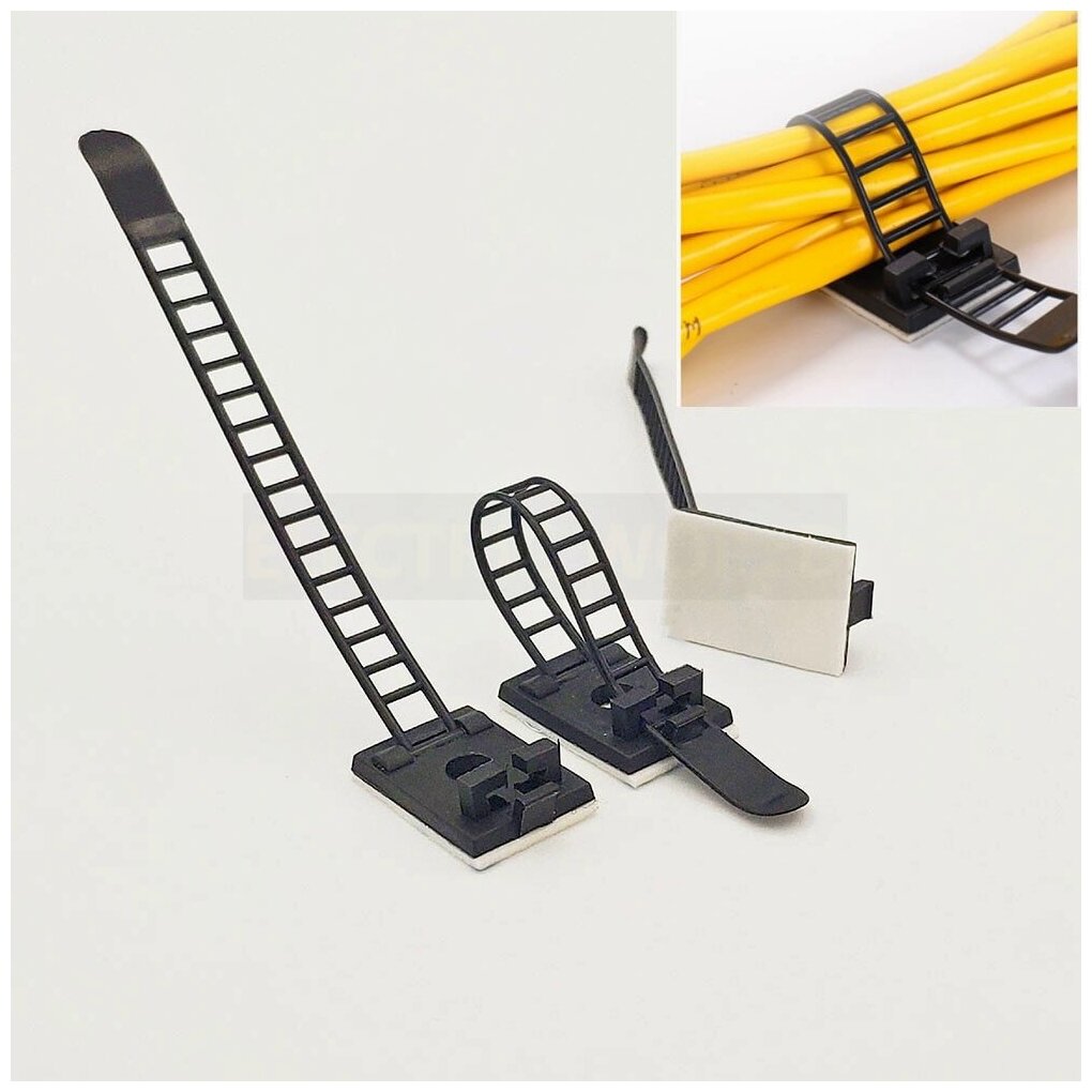 Стяжки для кабеля, хомут пластиковый для провода, хомут многоразовый, держатель провода самоклеящейся, 15 шт., 18х25 мм, черный - фотография № 3
