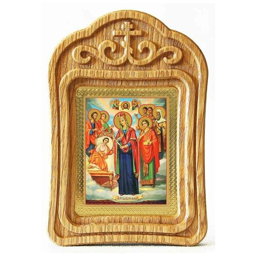 Икона Богородицы Целительница и святые врачеватели, резная деревянная рамка