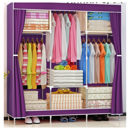 Складной тканевый шкаф для одежды 3 секции фиолетовый