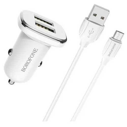 Borofone Автомобильное зарядное устройство Borofone BZ12, 2xUSB, 2.4 А, кабель microUSB, белое сетевое зарядное устройство borofone bz12 lasting power кабель micro usb черный