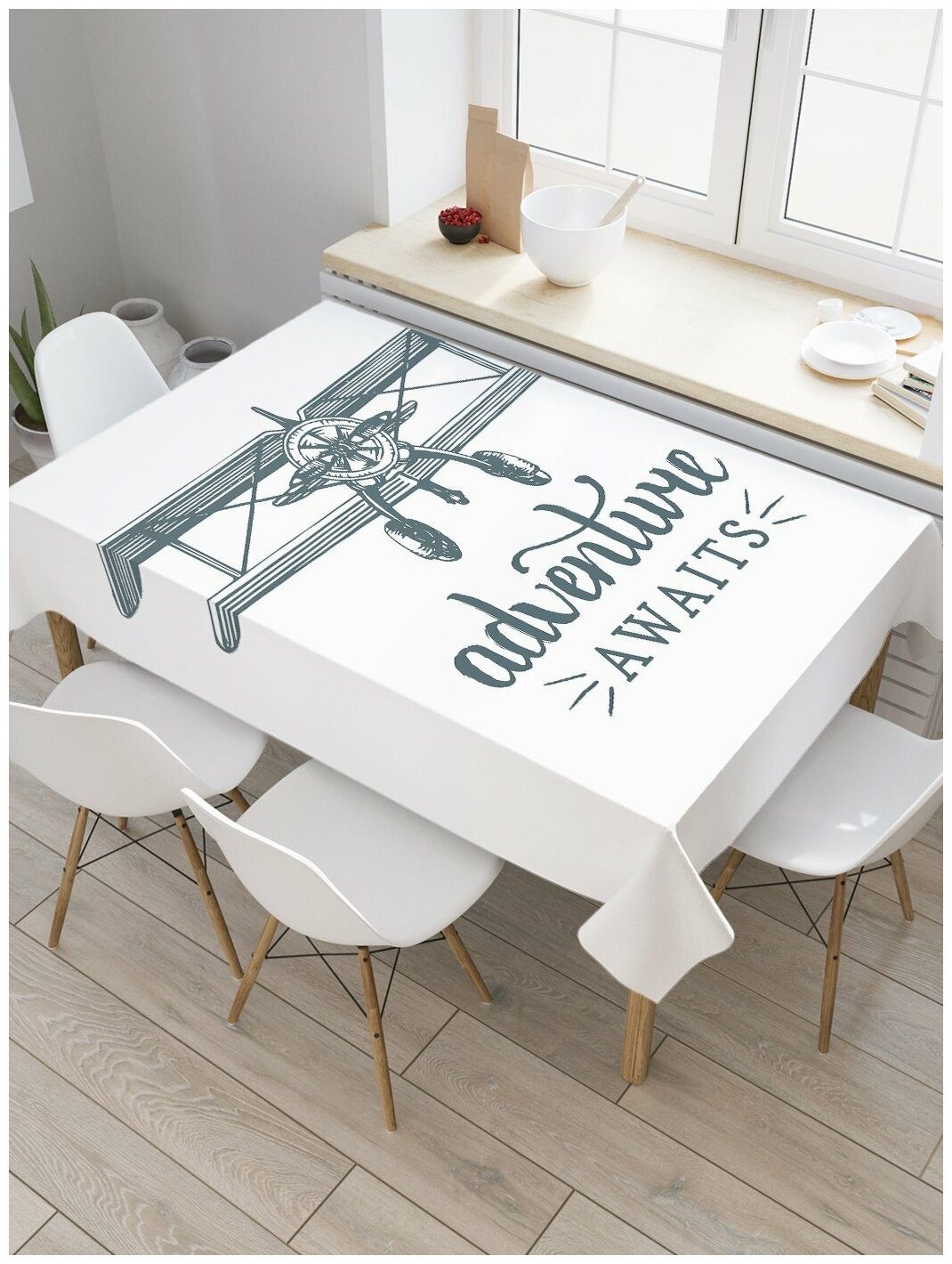 Скатерть прямоугольная JoyArty на кухонный стол "Приключения на самолёте" из оксфорда, 120x145 см