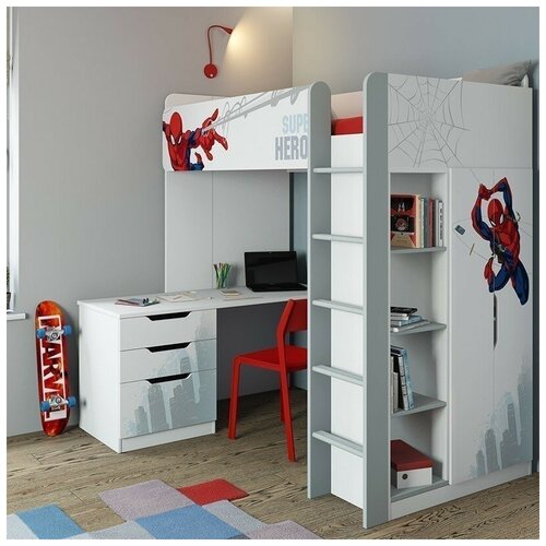 фото Кровать-чердак polini kids marvel 4355 человек паук, с письменным столом и шкафом, белый