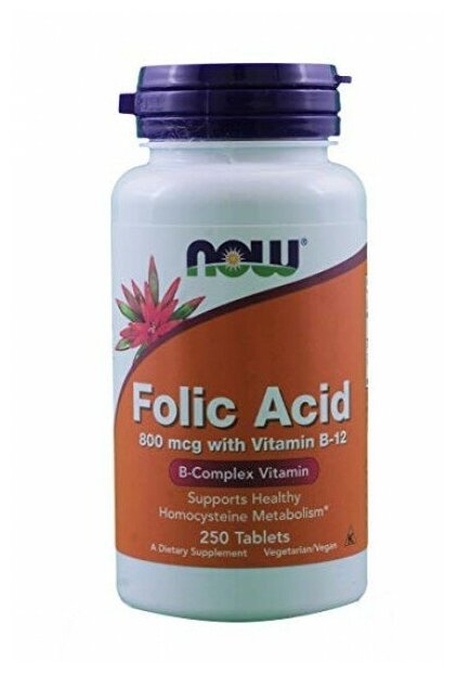 Таблетки NOW Folic Acid with Vitamin B-12, 80 г, 250 шт.