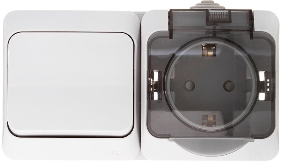 Блок выключателя с розеткой Schneider Electric Этюд BPA16-241C одноклавишный открытая установка серый с заземлением IP44 с крышкой со шторками