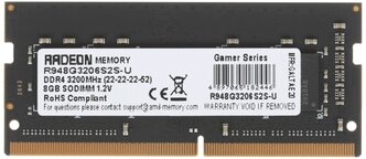 Память DDR4 8Gb 3200MHz AMD R948G3206S2S-U Radeon R9 Gamer Series RTL PC4-25600 CL22 SO-DIMM 260-pin