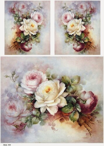 Изображение товара Декупажная рисовая карта А4 ультратонкая бумага салфетка 1058 цветы розы пионы миниатюра винтаж крафт Milotto