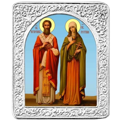 Святые Киприан и Устинья. Маленькая икона в серебряной раме. 4,5 х 5,5 см.