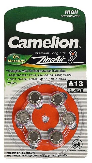 Camelion Батарейка цинковая Camelion A13 (PR48)-6BL для слуховых аппаратов 1.45В блистер 6 шт.