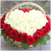 Цветы живые букет из 75 белых и красных роз в виде сердца в плетеной корзине