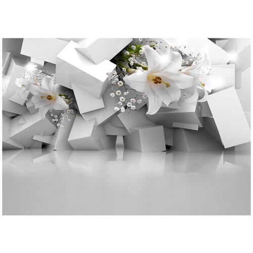 Лилия и белые кубы 3D - Виниловые фотообои, (211х150 см)