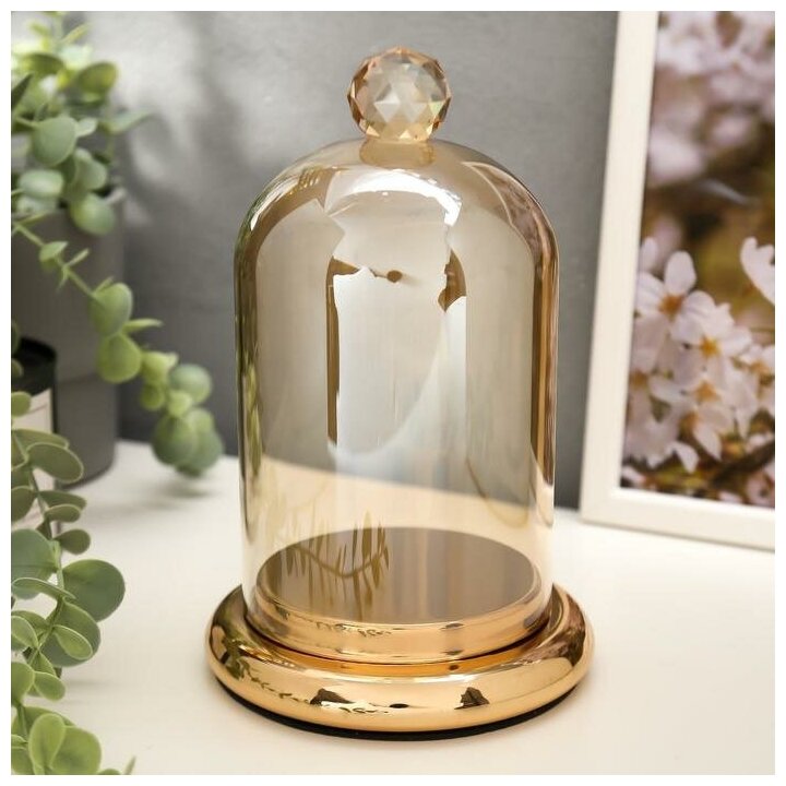 Подсвечник стекло на 1 свечу "Колба с кристаллом" золотая карамель 20,6х12,5х12,5 см - фотография № 1