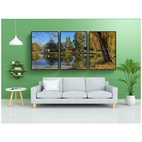 фото Модульный постер "осенняя идиллия, пруд, книга хунсрюк" 180x90 см. из 3х частей в тубусе, без рамки lotsprints