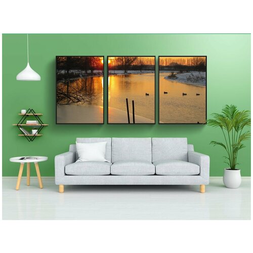 фото Набор модулных постеров для интерьера "заход солнца, снежный пейзаж, утки" 60x90 см. в тубусе, без рамки lotsprints