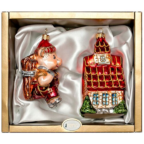 фото Набор елочных игрушек irena co домик, поросенок с хворостом 62125, красный/бежевый, 2 шт.