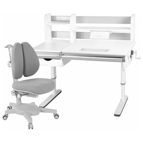 фото Комплект anatomica premium-50 парта + кресло + надстройка + выдвижной ящик cерый/голубой/розовый c креслом armata duos серый