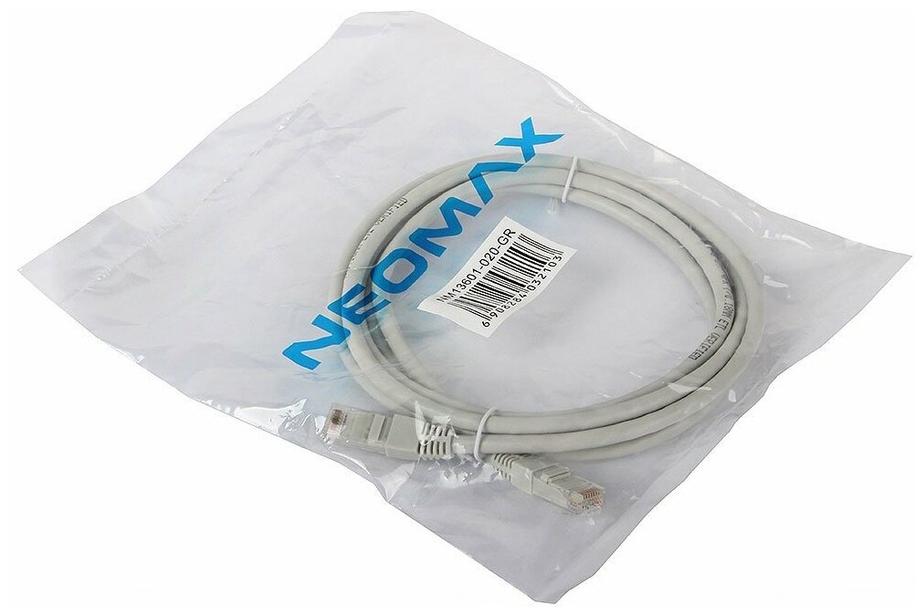 Патч-корд UTP кат.6 2м, RJ45-RJ45, серый, Neomax (NM13601-020) - фото №1