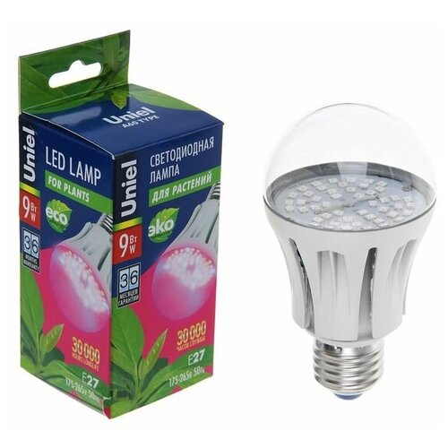 Лампа светодиодная для растений Uniel, Е27, А60, 9 Вт, 110 мм, прозрачная 1222414