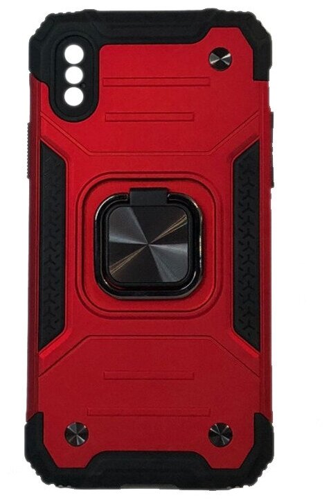 Противоударный чехол для iPhone X / XS красный с пластиной для магнитного автодержателя и кольцом подставкой - фотография № 2
