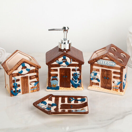 Набор аксессуаров для ванной комнаты Доляна Маяк 4 предмета дозатор 400 мл мыльница 2 стакана цвет бежевый 1010₽