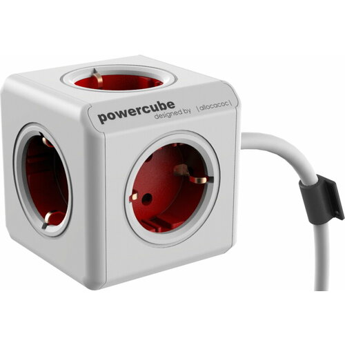 Сетевой удлинитель (фильтр) Allocacoc PowerCube Extended RED, 5 розеток, провод 1,5 метра, без USB, крепление в комплекте