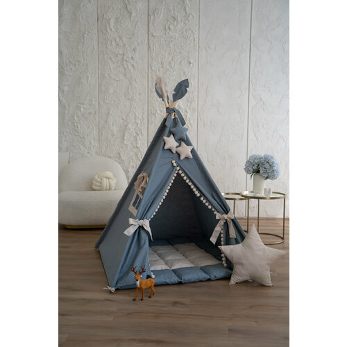 Детский вигвам для улицы и дома с ковриком, подушкой, окошком темно-серый
