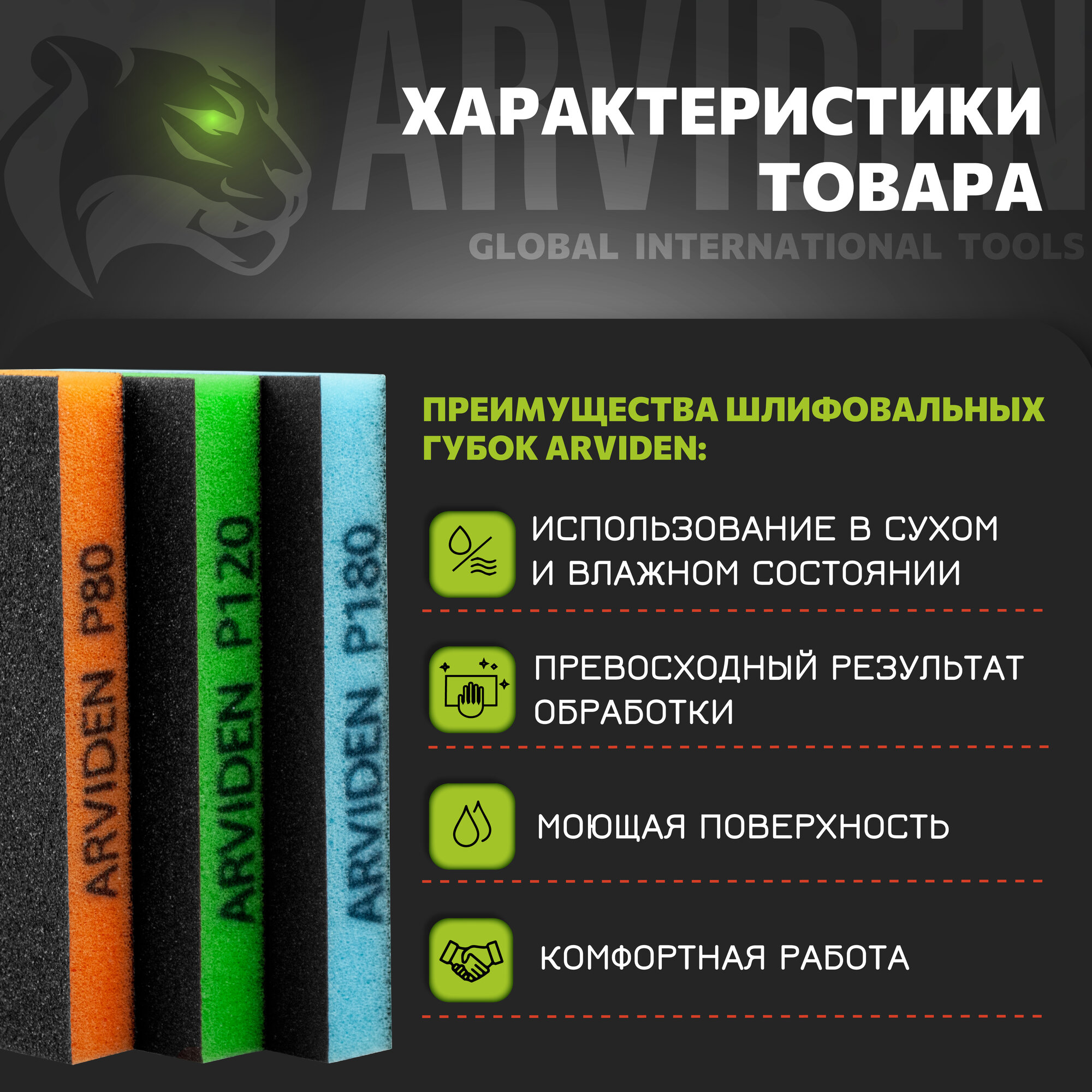 Набор губок ARVIDEN, для мокрого и сухого шлифования, P80/P120/P180 — фото 1