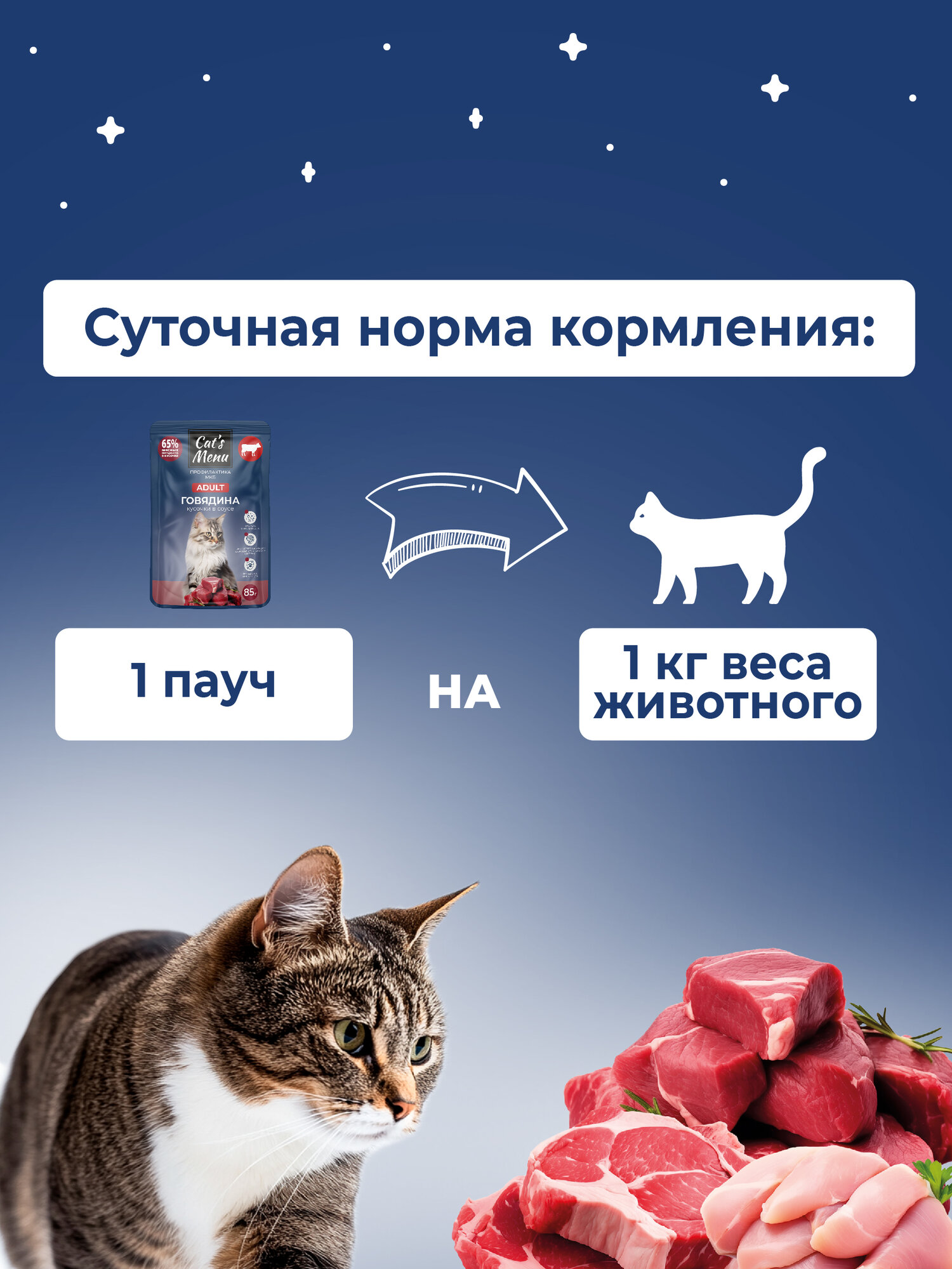 Cat`s Menu 85 г пауч для взрослых кошек с говядиной кусочки в соусе профилактика МКБ 1х30 — фото 1