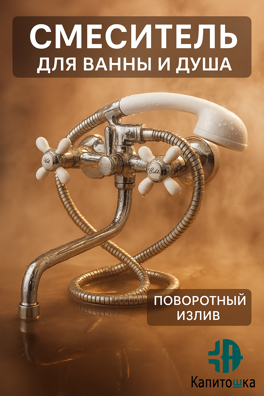 Смеситель для ванны и душа с длинным изливом Капитошка / Душевой комплект / Современная классика / Код 16081